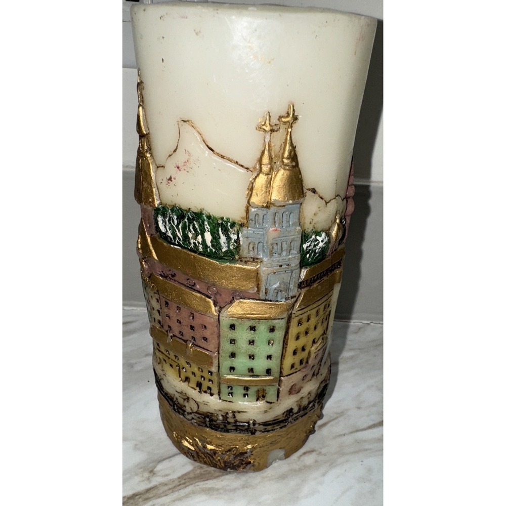 Large Vintage Winter City Decorative Candle 8 Tall 4 Thick - Picture 3 of 5